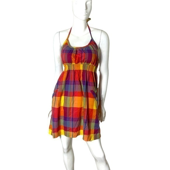 Old Navy Multicolor Fall plaid halter neck dress pockets open back Medium - Picture 2 of 5